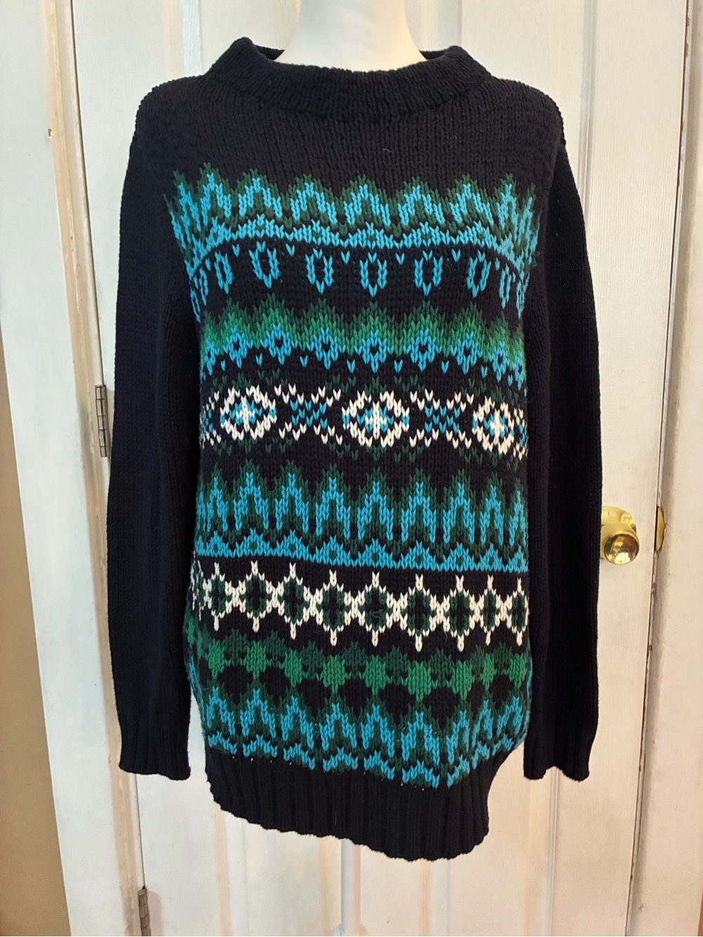 Talbots Chamonix Fair Isle Crewneck Sweater Blue Green Nordic Size L Cabincore